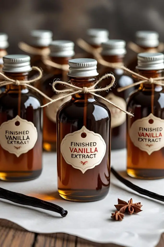Small bottles of homemade vanilla extract decorated with labels and twine, arranged as beautiful DIY gifts.