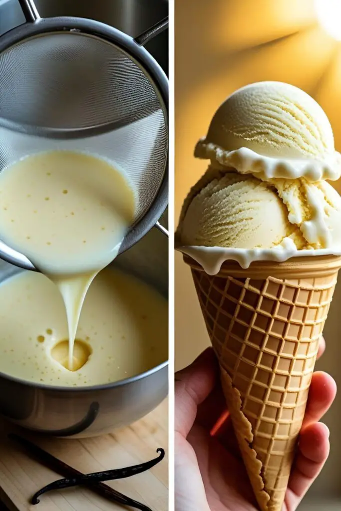 A two-panel image showing the vanilla custard base being strained and a close-up of a finished scoop of vanilla bean ice cream in a cone.