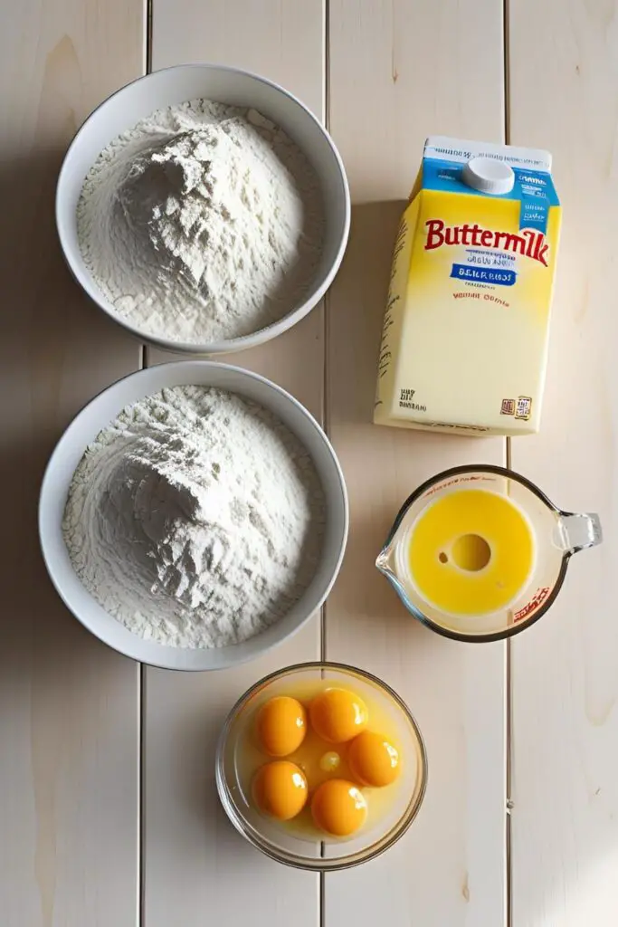 The ingredients for making fluffy buttermilk waffles from scratch, including flour, buttermilk, and separated eggs, arranged in a neat flat lay.