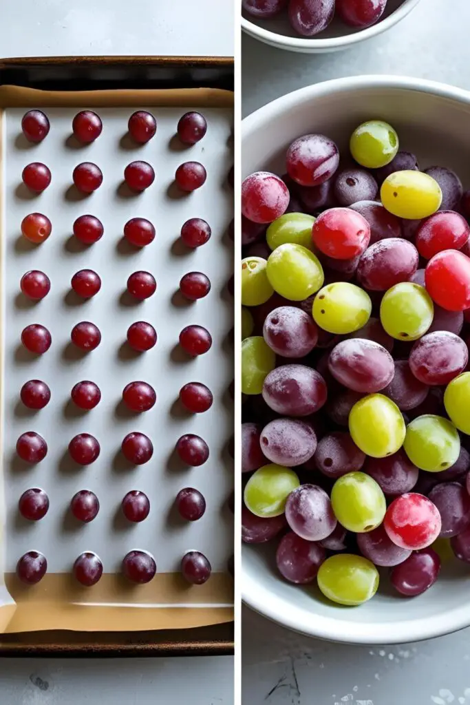  Two images showing how to make frozen grapes: one of a baking sheet of grapes ready to freeze, and one of a finished bowl of candy-coated frozen grapes.