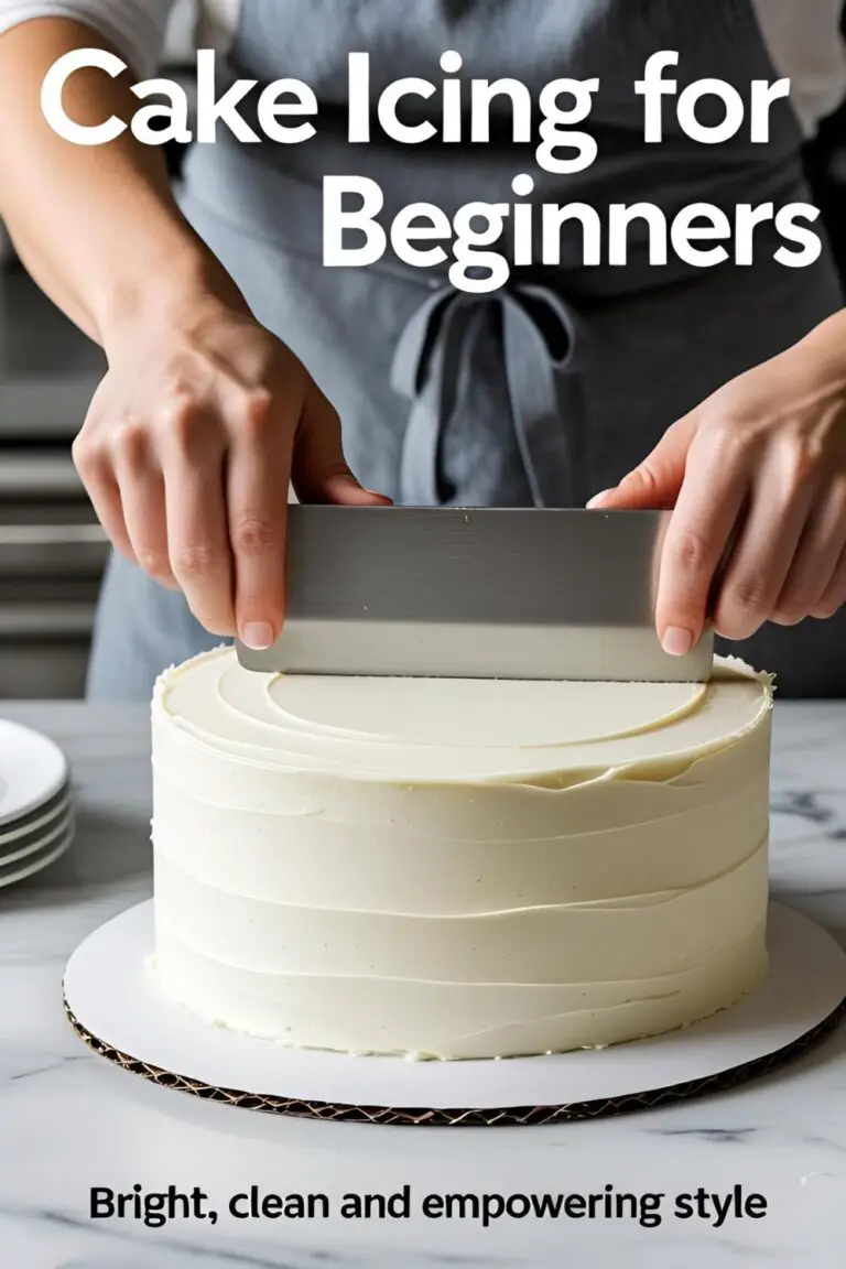 Hands using a bench scraper to get smooth sides on a white buttercream cake on a turntable, demonstrating how to ice a cake.
