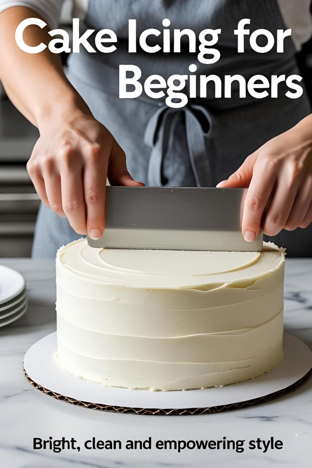 Hands using a bench scraper to get smooth sides on a white buttercream cake on a turntable, demonstrating how to ice a cake.
