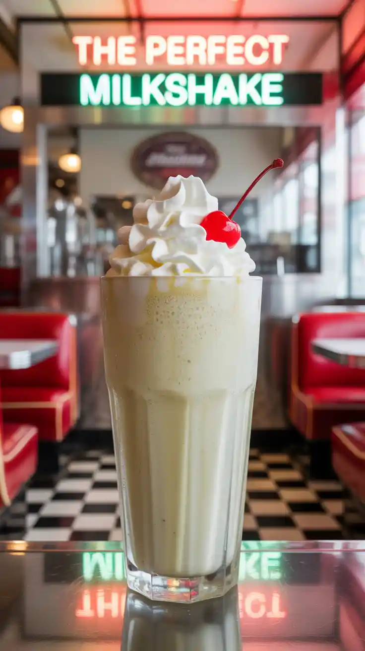A thick and creamy vanilla milkshake in a tall diner glass, topped with a mountain of whipped cream and a bright red maraschino cherry.