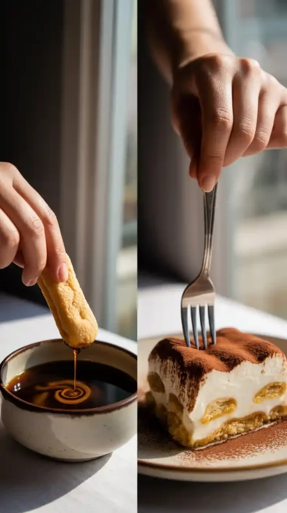 Two images showing how to make tiramisu: one of dipping a ladyfinger in coffee, and a close-up of a fork cutting into a creamy slice.