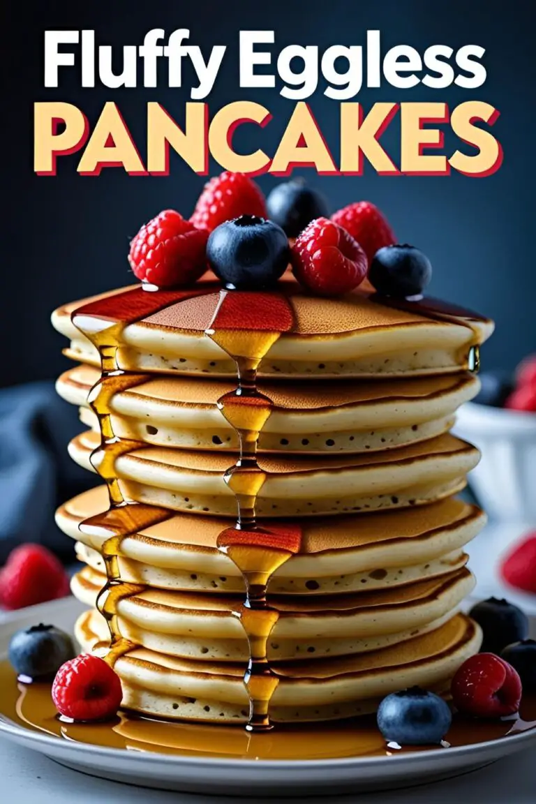 A tall stack of fluffy eggless pancakes with syrup and berries, with text overlay reading "Fluffy Eggless Pancakes."