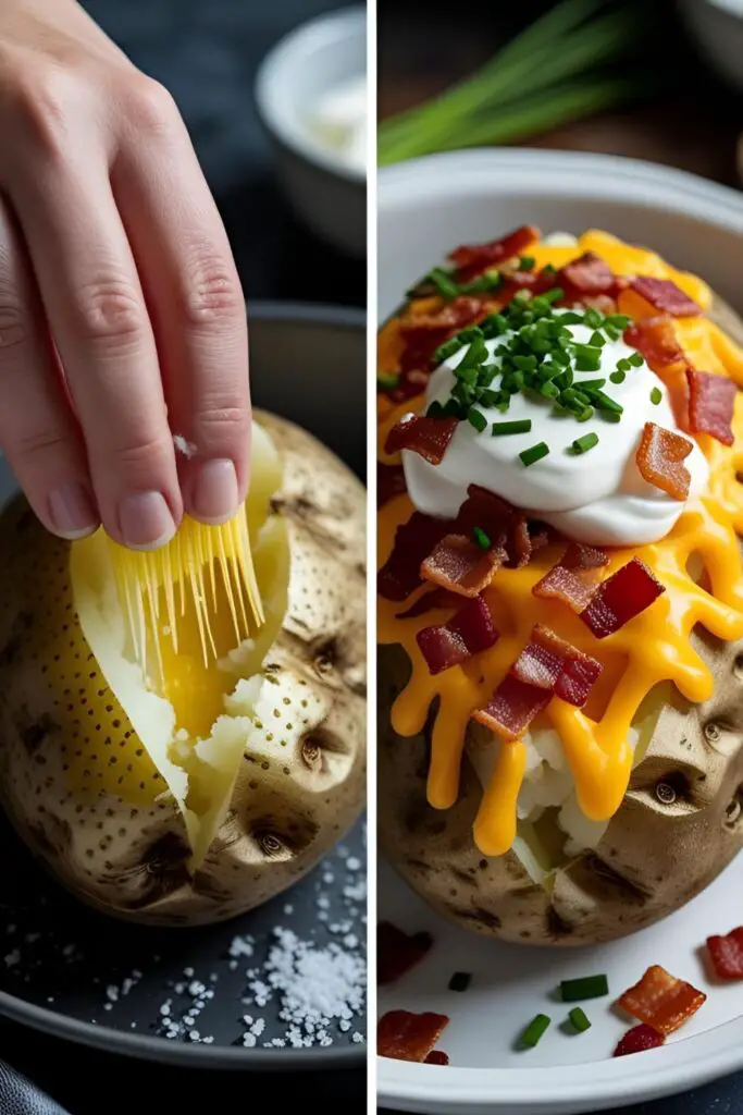 Two images showing how to make a baked potato: one of the prep process, and one of a finished, fully loaded baked potato with all the toppings.