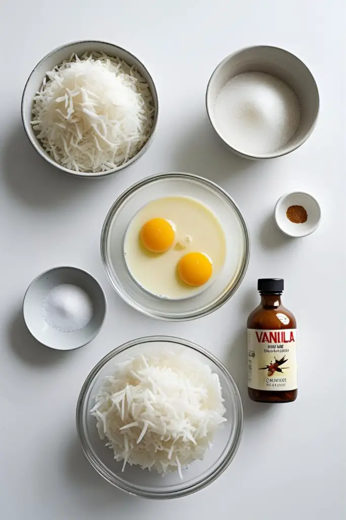 The five simple ingredients for making coconut macaroons—shredded coconut, sweetened condensed milk, egg whites, vanilla, and salt—arranged neatly.