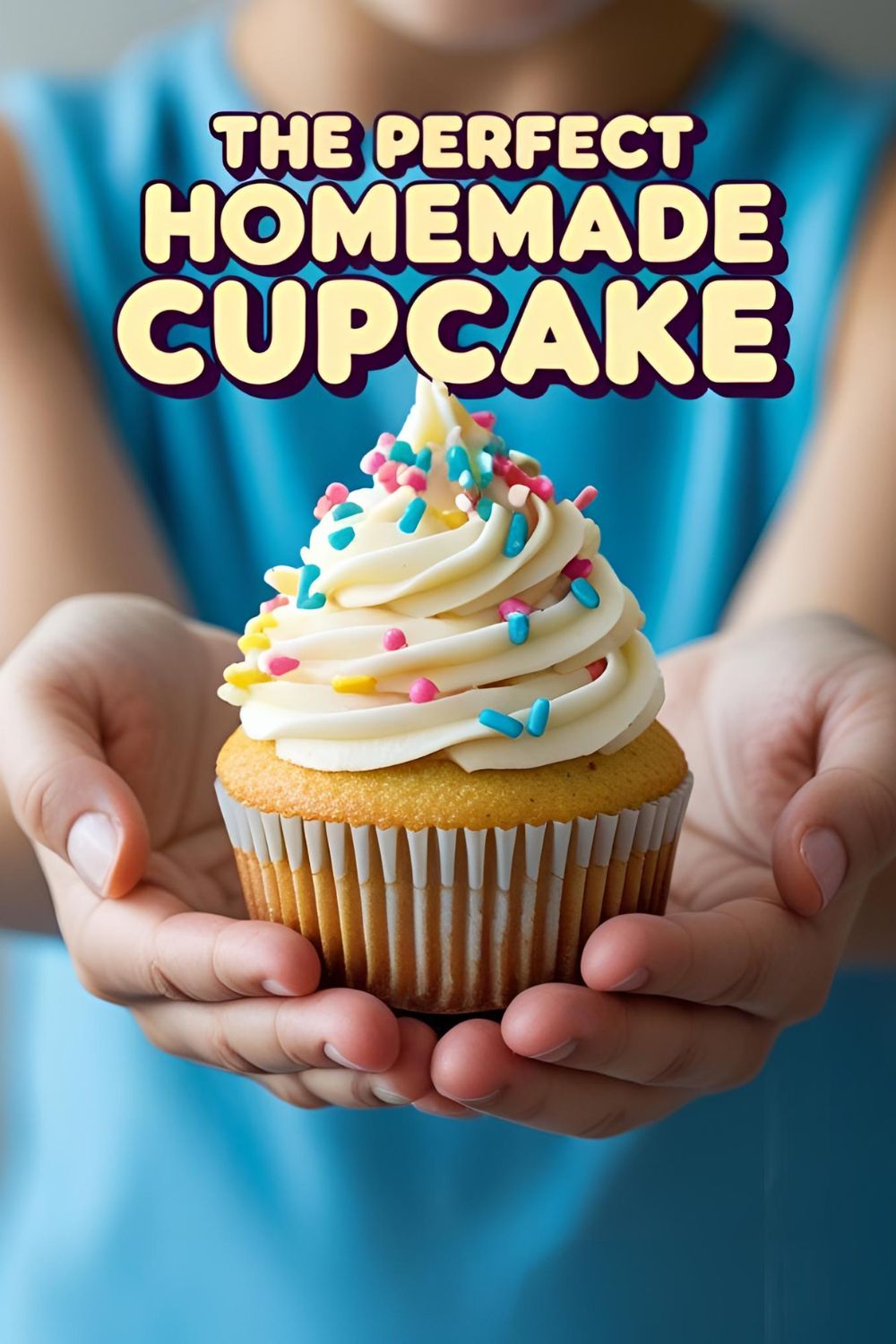 A hand holding a perfectly frosted homemade vanilla cupcake with a swirl of buttercream and colorful sprinkles