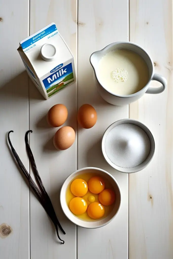 Ingredients for making homemade vanilla custard from scratch, including milk, cream, egg yolks, and a vanilla bean, arranged in a flat lay.