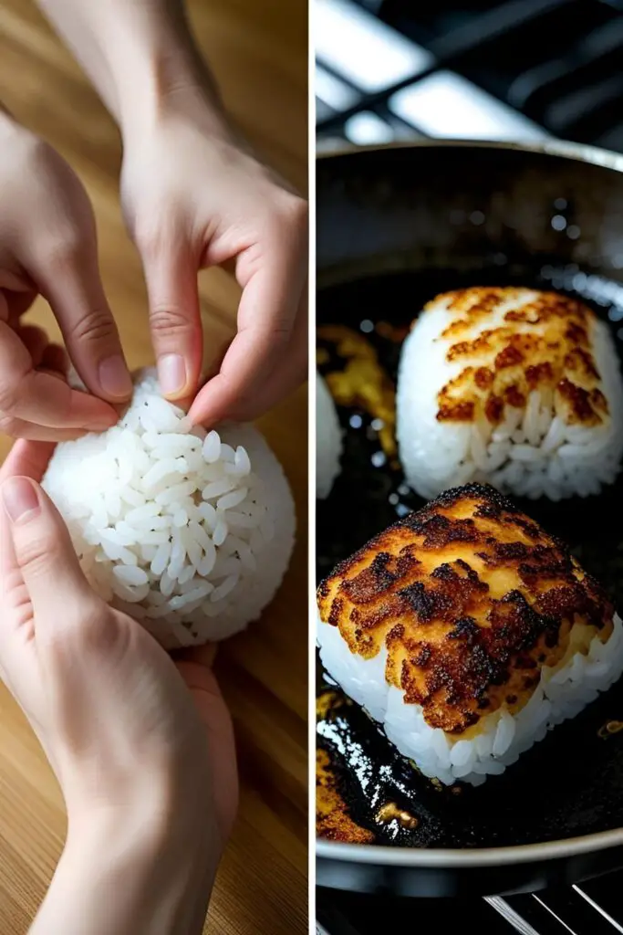 Two images showing how to make onigiri: one of hands shaping a rice ball, and a close-up of a grilled yaki onigiri.