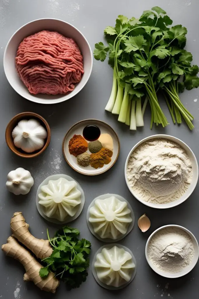 Momo Recipe Ingredients Collage: Fresh Meat, Veggies, Spices, and Flour.