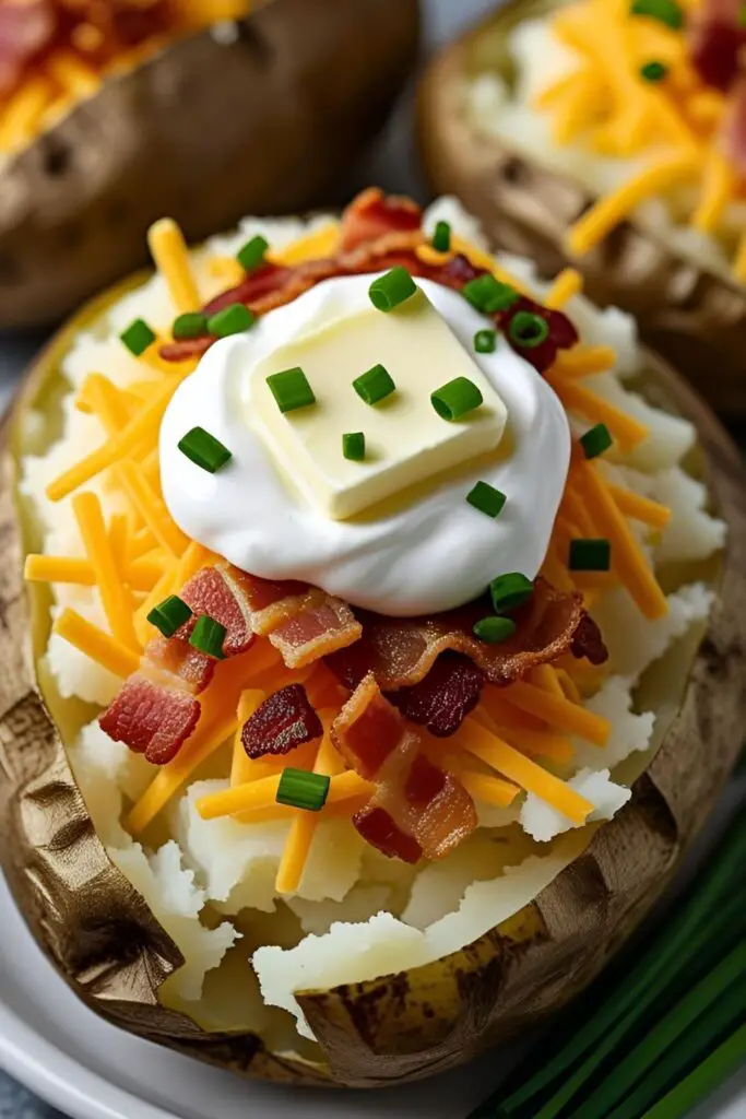 A delicious and perfectly cooked baked potato loaded with butter, sour cream, cheese, bacon, and chives.