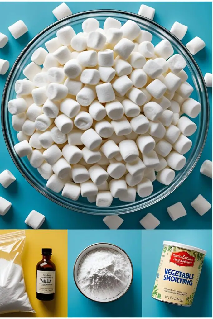 The simple ingredients needed to make homemade marshmallow fondant: marshmallows, powdered sugar, water, and vanilla.