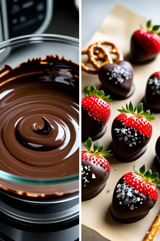 A two-panel image showing a bowl of perfectly melted chocolate and the finished result of strawberries and pretzels dipped in it.