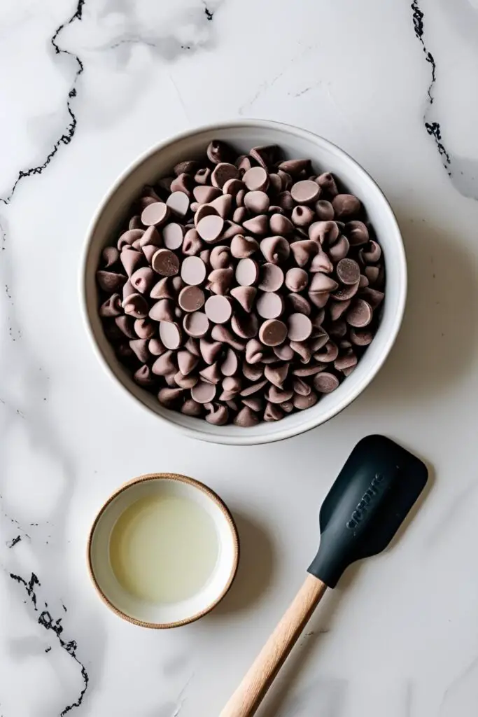 A flat lay of ingredients for melting chocolate: a bowl of chocolate chips, coconut oil, and a spatula
