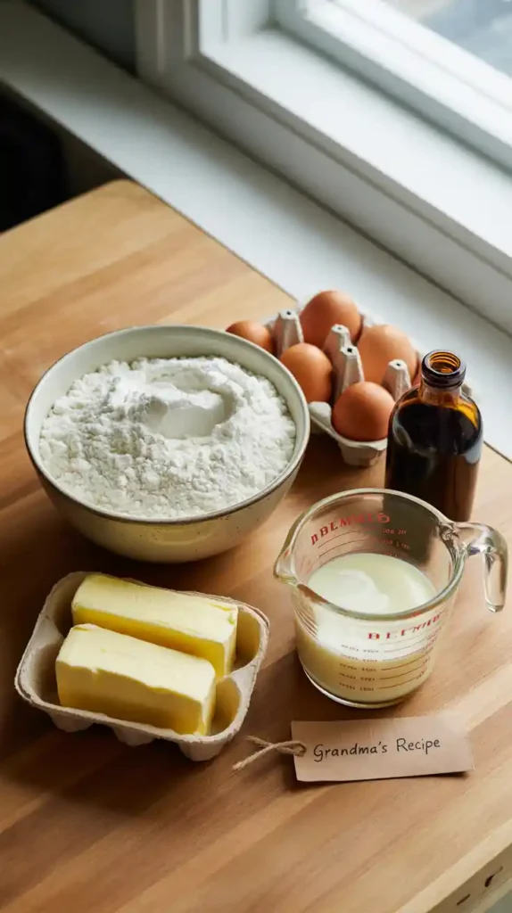 The ingredients for making a classic yellow cake from scratch, including flour, butter, eggs, and buttermilk, arranged in a neat flat lay.