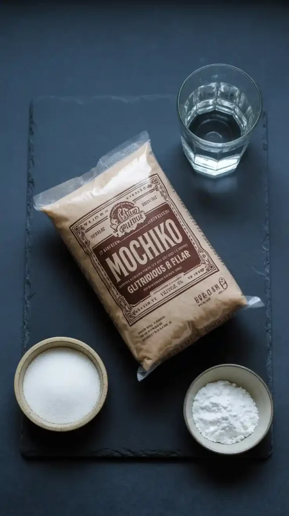 The essential ingredients for making mochi: a bag of Mochiko glutinous rice flour, sugar, water, and cornstarch.
