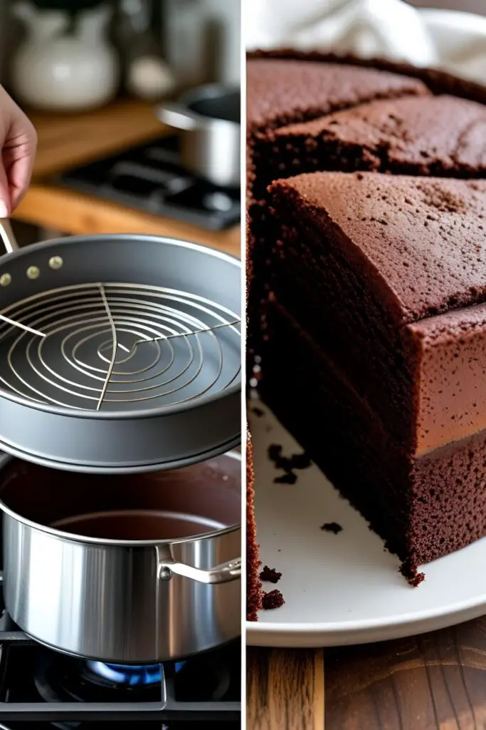 Two images showing the process of baking a cake without an oven: one of placing the cake in a pot, and a close-up of the finished moist crumb.