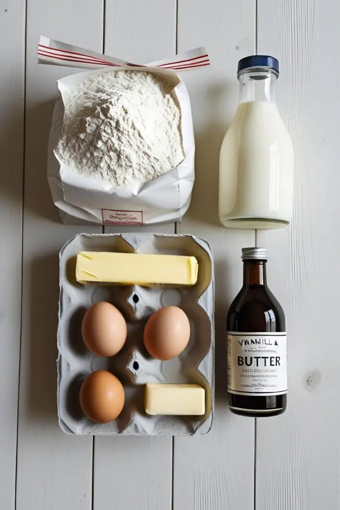 Ingredients for the perfect pancake recipe, including flour, eggs, milk, and butter, laid out on a light wood surface.