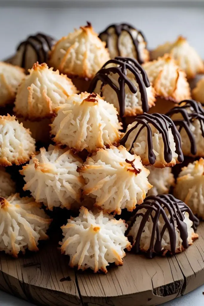  A delicious pile of homemade golden-brown coconut macaroons, some plain and some drizzled with chocolate.