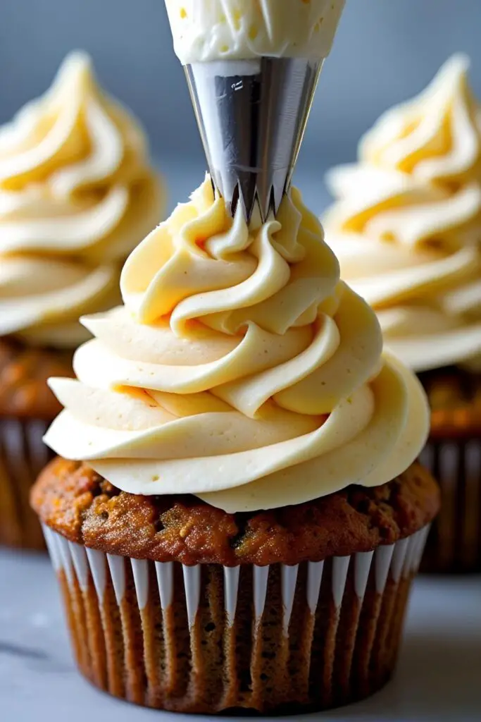 Perfect, fluffy cream cheese icing being piped into a beautiful swirl on top of a cupcake.
