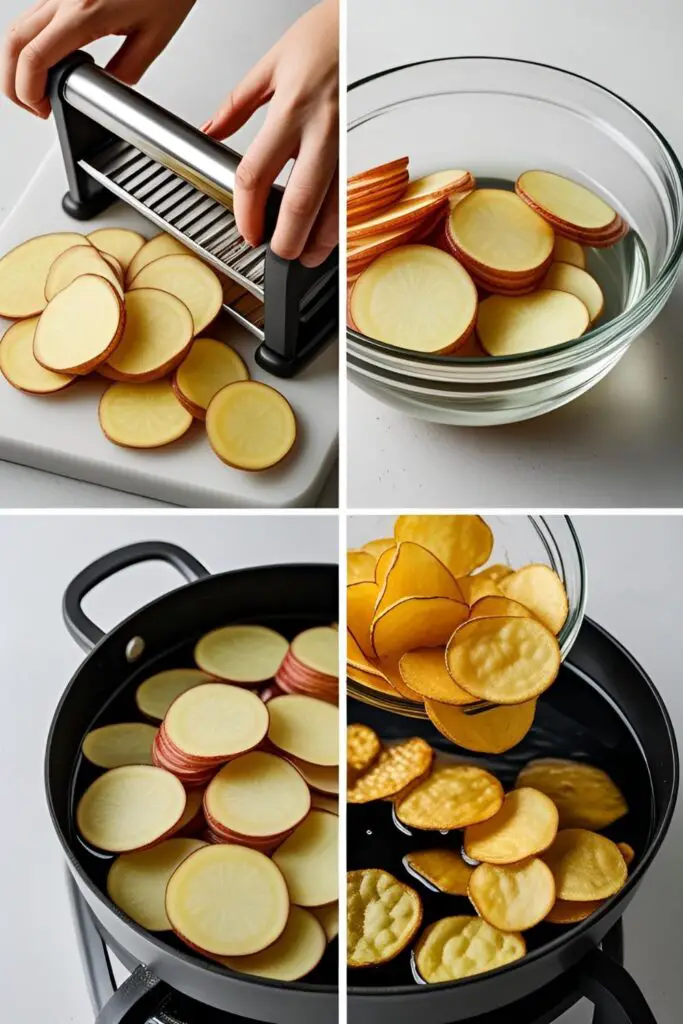 Two variations of homemade chips: a bowl of crispy deep-fried chips and a baking sheet of golden baked chips.