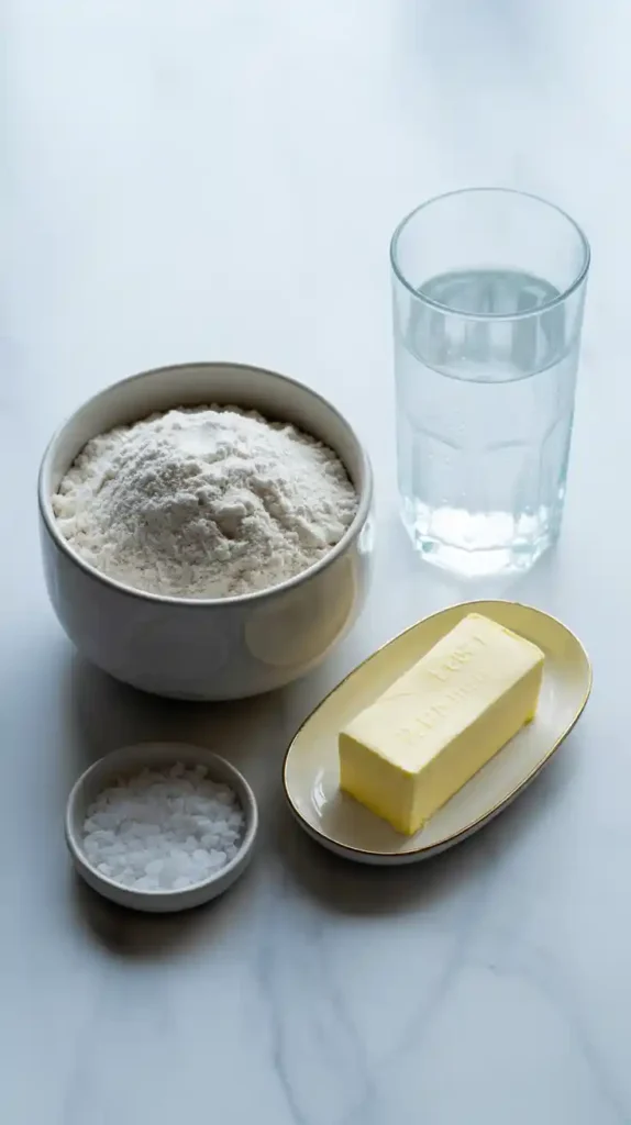 A flat lay of the four simple ingredients for puff pastry dough: flour, cold butter, salt, and ice water.