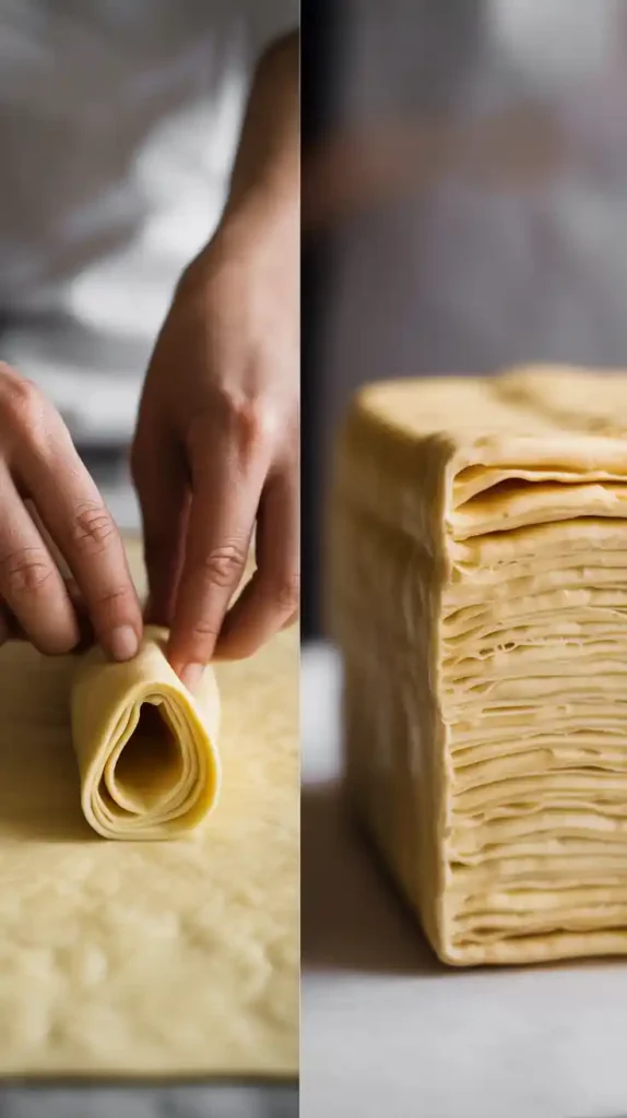Two images demonstrating how to make puff pastry: one of hands folding the dough, and a close-up of the finished flaky layers.