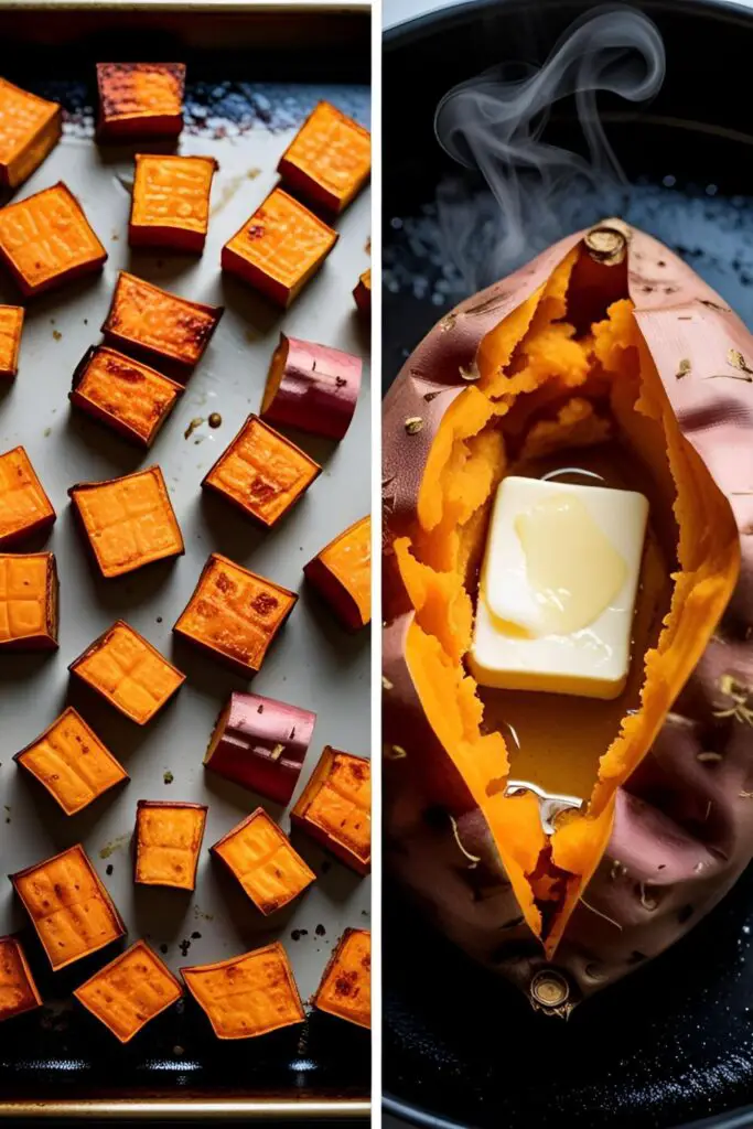 Two images showing how to make sweet potatoes: one of roasted cubes on a baking sheet, and one of a whole baked sweet potato split open.