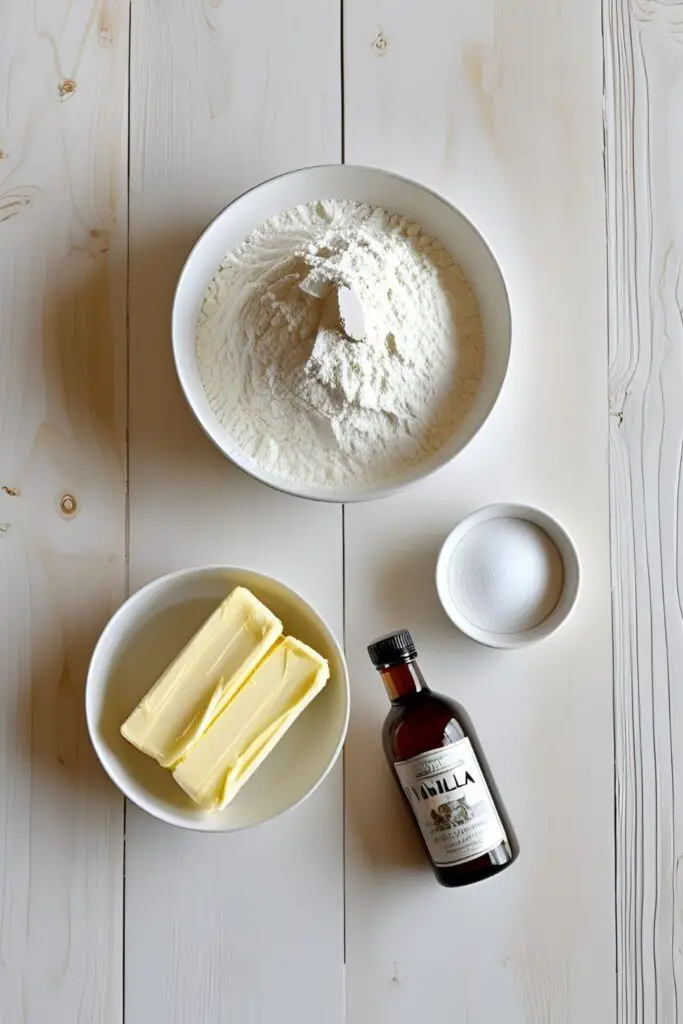 The simple ingredients for making classic shortbread biscuits, including butter, flour, and powdered sugar.