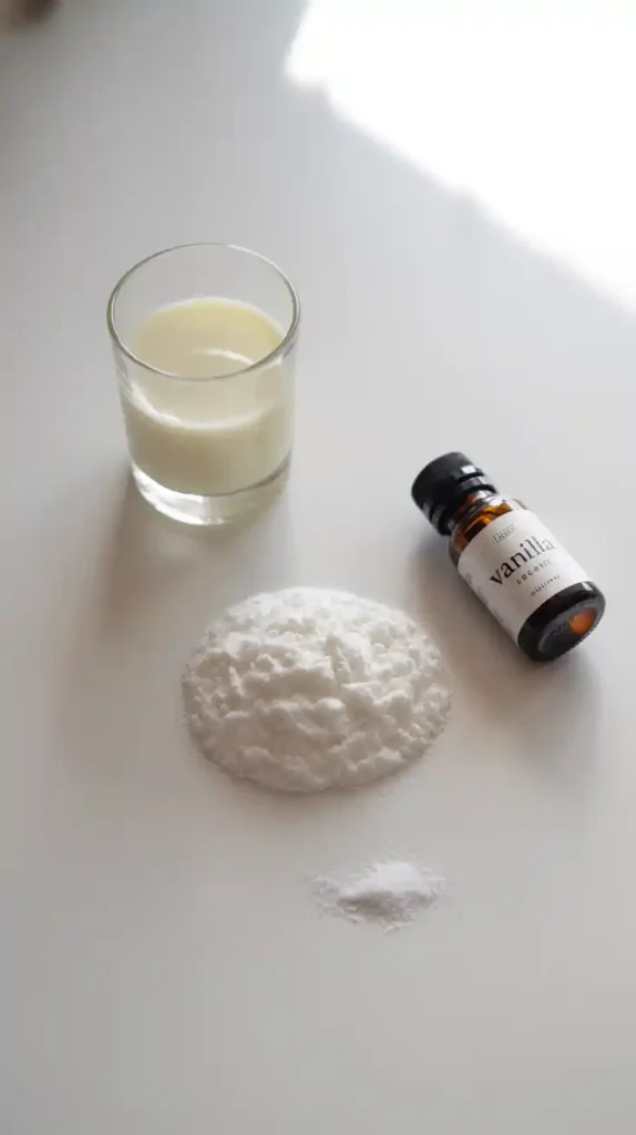 The simple ingredients for making easy icing from scratch: powdered sugar, milk, and vanilla extract.