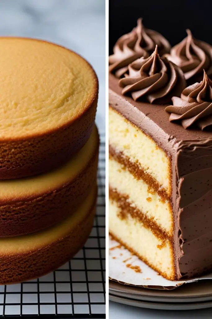 Two images showing the process of baking a cake: one of the unfrosted layers cooling, and a close-up of a finished slice.
