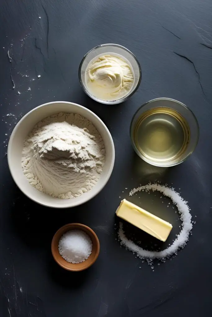 A flat lay of the key ingredients for making soft pretzels from scratch: flour, yeast, butter, and pretzel salt.

