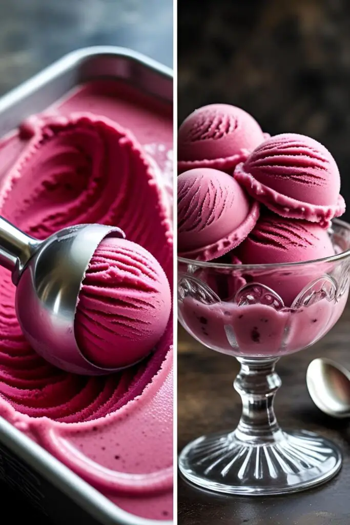 Two views of homemade sorbet: a close-up of sorbet being scooped and a bowl of finished sorbet.