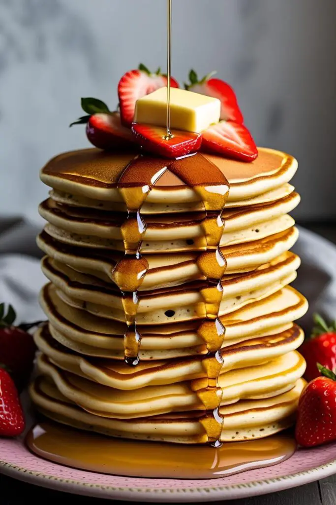  A tall, perfect stack of fluffy heart-shaped pancakes, topped with a pat of butter, a drizzle of maple syrup, and fresh strawberries.