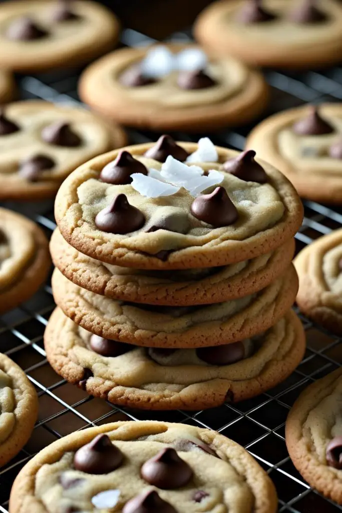 A tall stack of freshly baked chocolate chip cookies cooling on a wire rack next to a glass of milk
