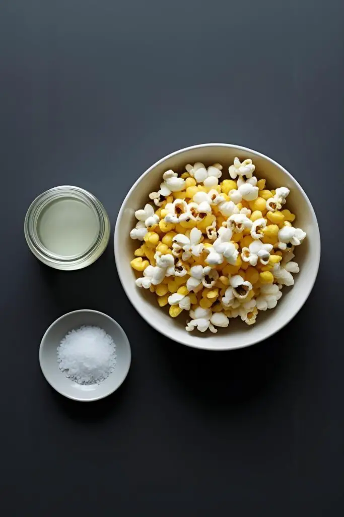 The simple ingredients for making stovetop popcorn: a bowl of popcorn kernels, a jar of coconut oil, and sea salt.