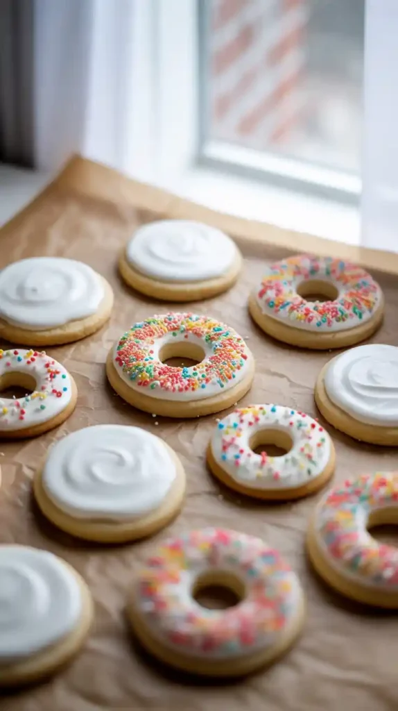 Several holiday sugar cookies decorated with simple white icing that has hardened to a smooth, clean finish.