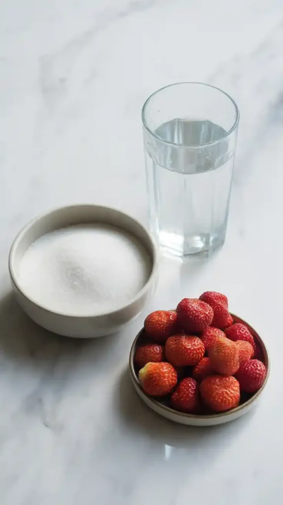  The three simple ingredients for making tanghulu—sugar, water, and strawberries—arranged in a neat flat lay.