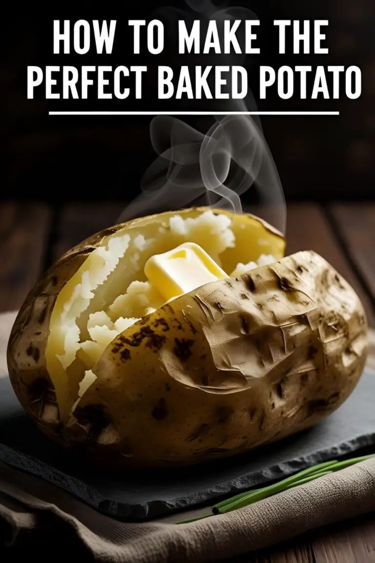 A perfect baked potato split open, with steam rising, melting butter, and fresh chives on top.