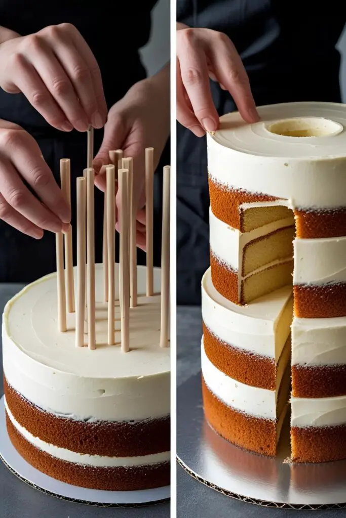 Two images explaining how to stack cakes: one of showing dowels being inserted, and a cutaway view revealing the internal support structure.