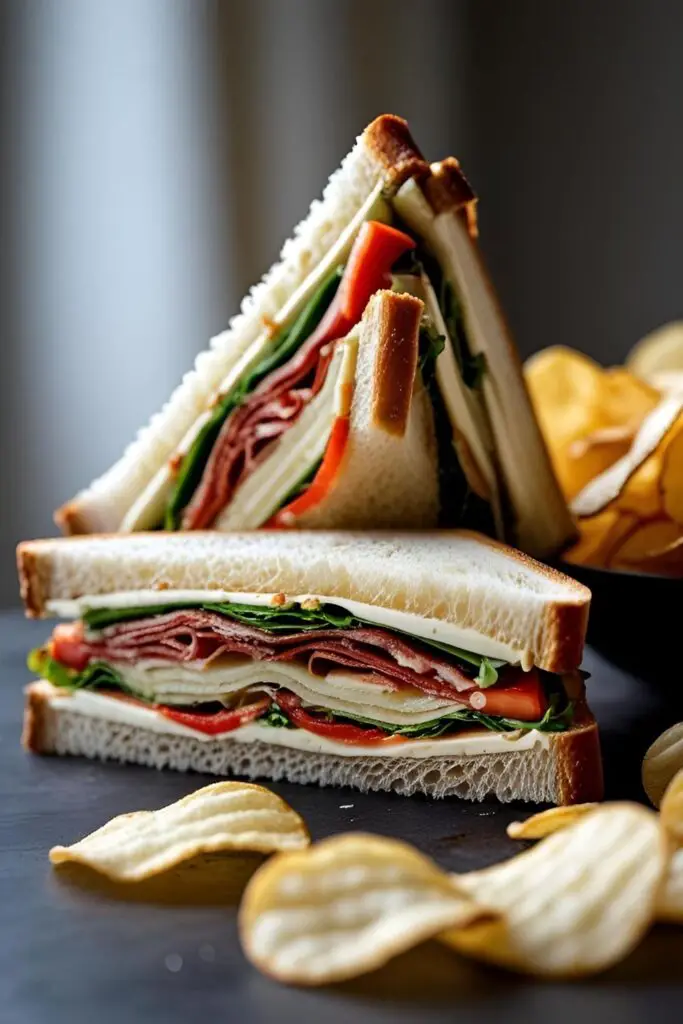 A perfectly sliced ultimate turkey pesto club sandwich showing all the delicious layers of ingredients.