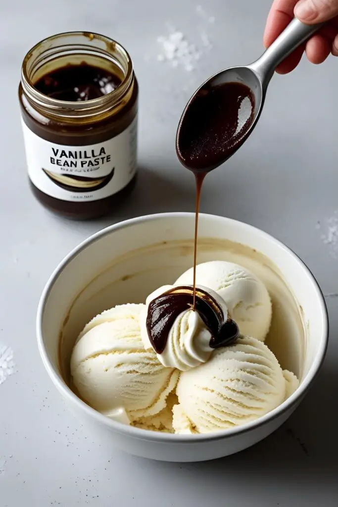A jar of homemade vanilla bean paste, with a spoonful being added to a white ice cream base.