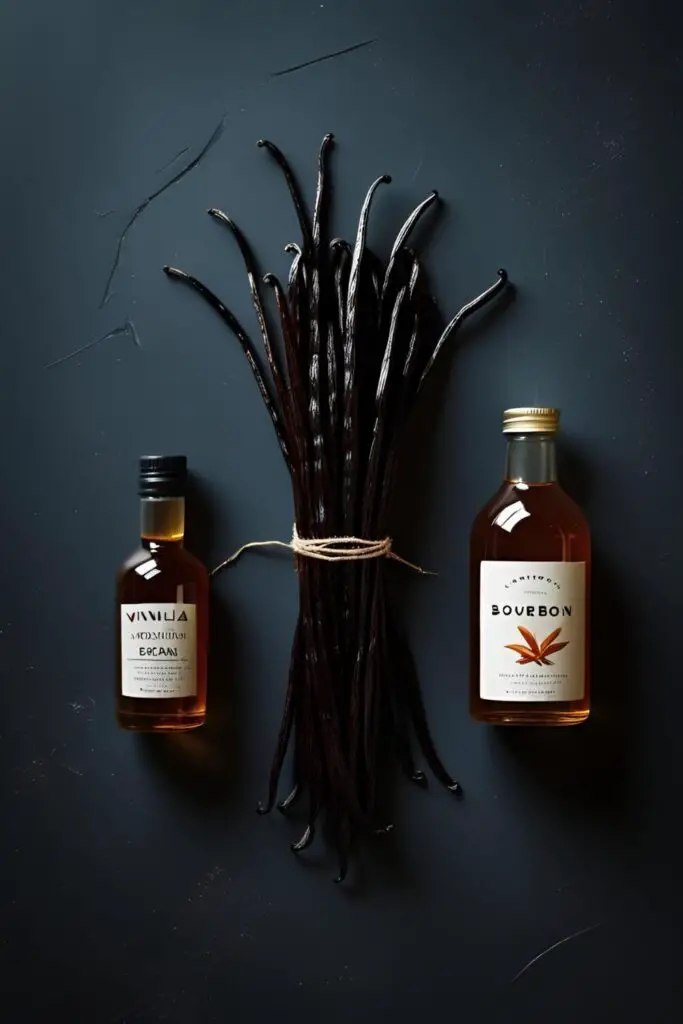  The simple ingredients for making homemade vanilla bean paste: vanilla beans, bourbon, and agave nectar, arranged in a moody flat lay.