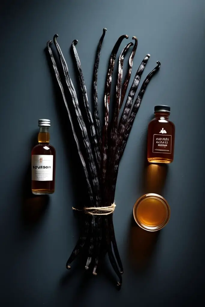  The simple ingredients for making homemade vanilla bean paste: vanilla beans, bourbon, and agave nectar, arranged in a moody flat lay.