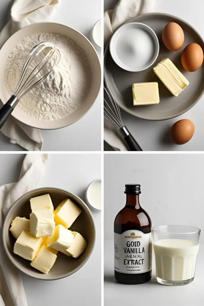 The simple ingredients needed to make a homemade vanilla cake: flour, butter, sugar, eggs, buttermilk, and vanilla.

