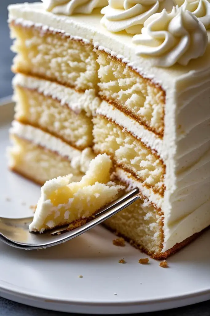 A detailed close-up shot of a slice of vanilla cake, showing the moist, tender crumb and layers of fluffy buttercream.