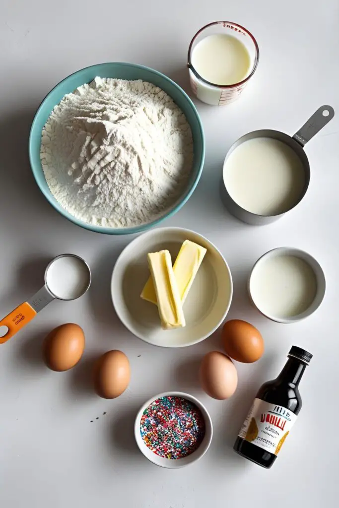 The ingredients for making vanilla cupcakes from scratch, including flour, butter, eggs, and sprinkles, arranged in a neat flat lay.