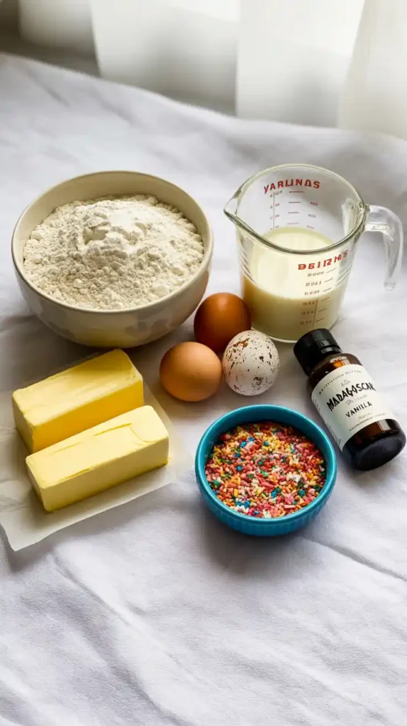 The ingredients for making vanilla cupcakes from scratch, including flour, butter, eggs, and sprinkles, arranged in a neat flat lay.