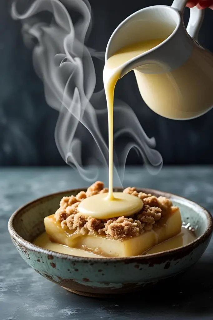  Warm homemade vanilla custard sauce being poured over a serving of apple crumble.